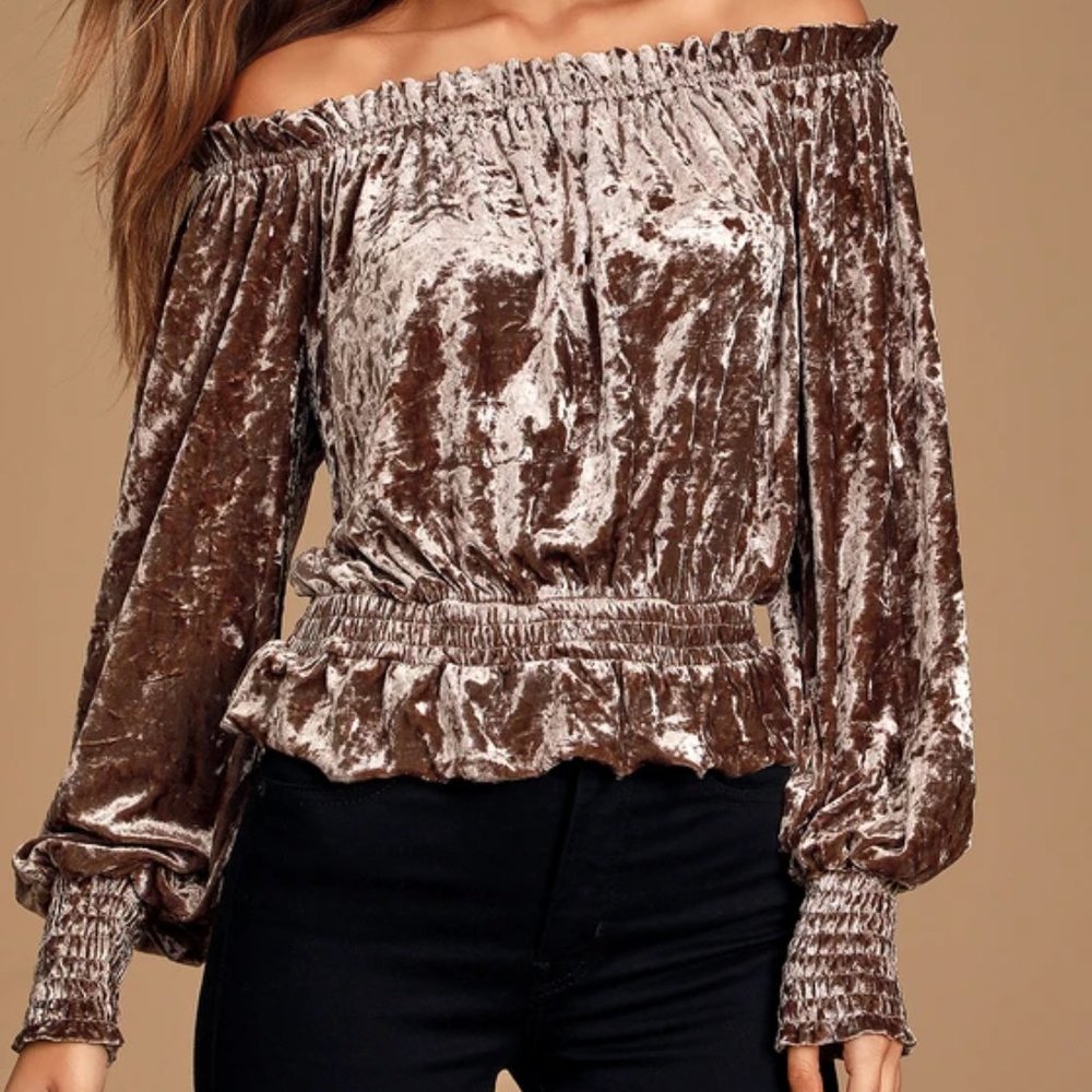 Lulus Dark Taupe Velvet Off-The-Shoulder Top, New with Tags size S